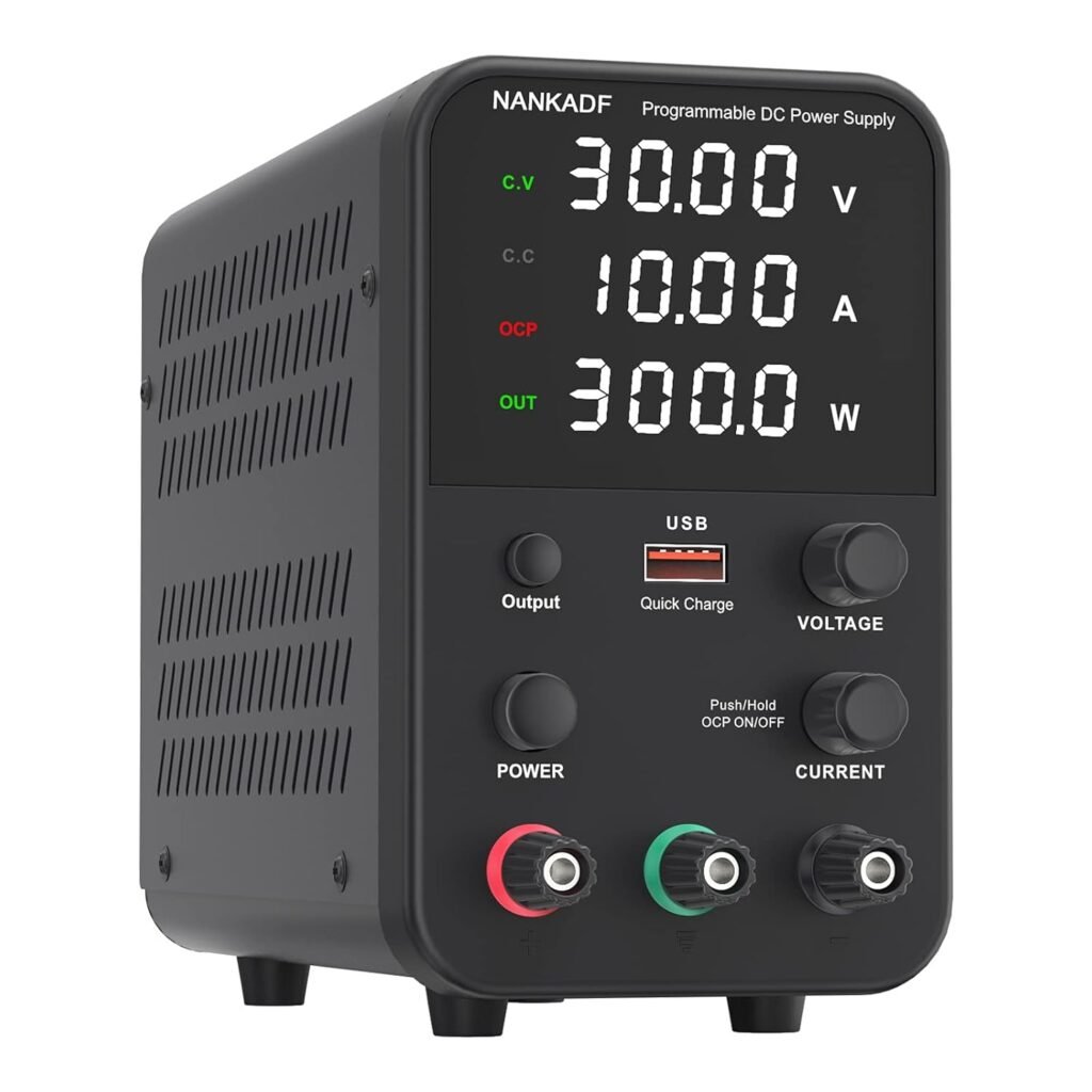 DC power supply (0-30V,0-10A) adjustable, switching power supplies, mini high precision 4-digit display with USB fast charging interface, variable lab bench power supply, output button/encoder knob