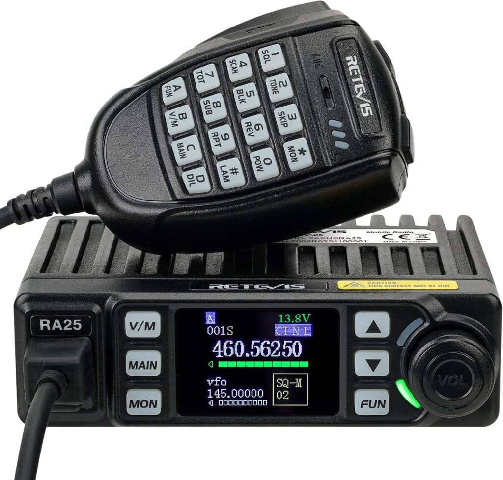 Retevis RA25 Mobile Transceiver, Dual Band Dual Monitor, 5W/20W, 500 Channels, FM Radio, 5Tone/2Tone/DTMF, 1.44 Inch TFT Display, Mini Mobile Radio (1Pcs, Black)